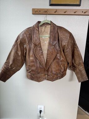 Vintage Distressed Brown Leather Cropped 80s Jacket
